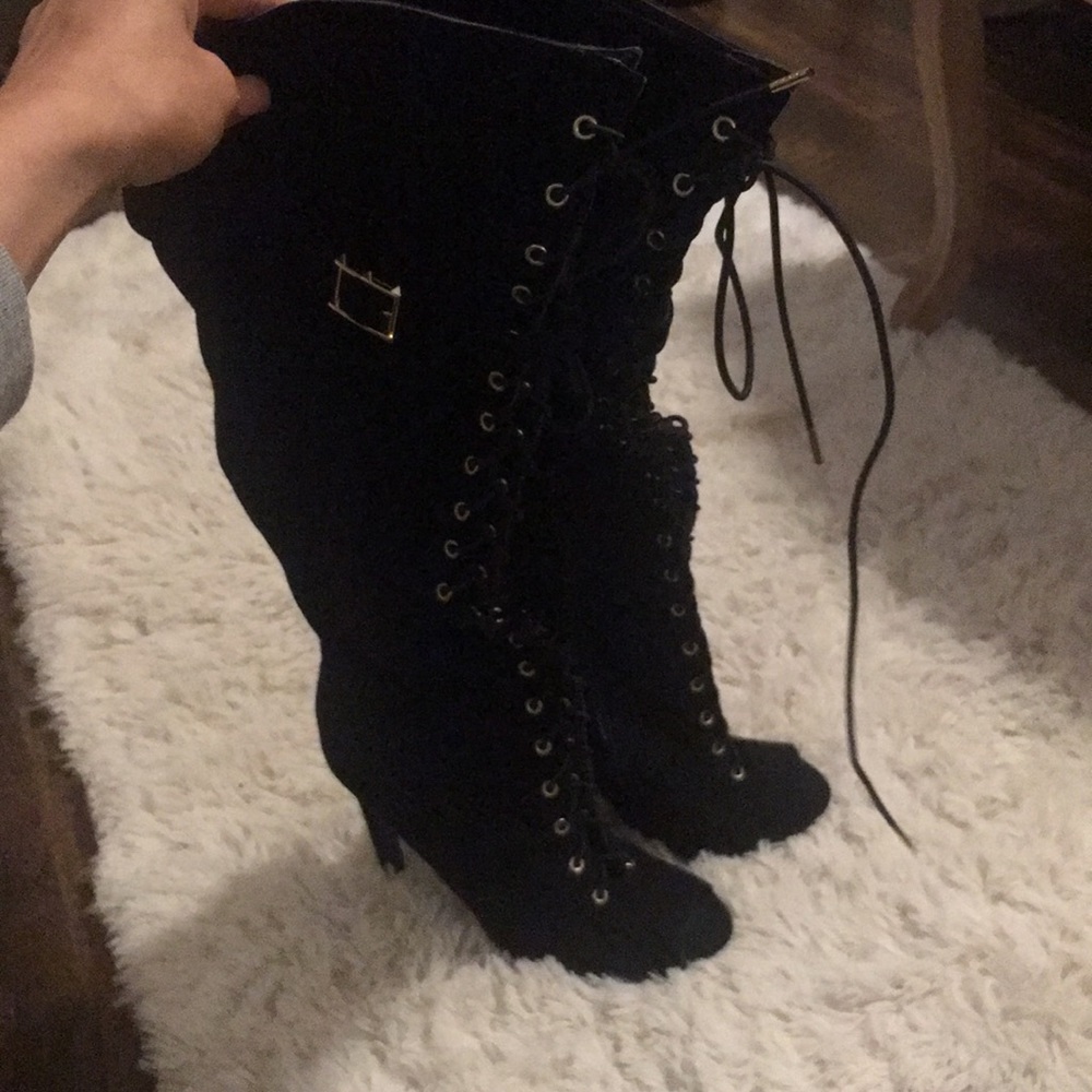 Black lace up peep toe over the knee boots